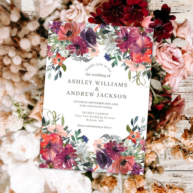 Invitación Borgoña acuarela Floral Rústica Boda Jardín (Subido por el creador)