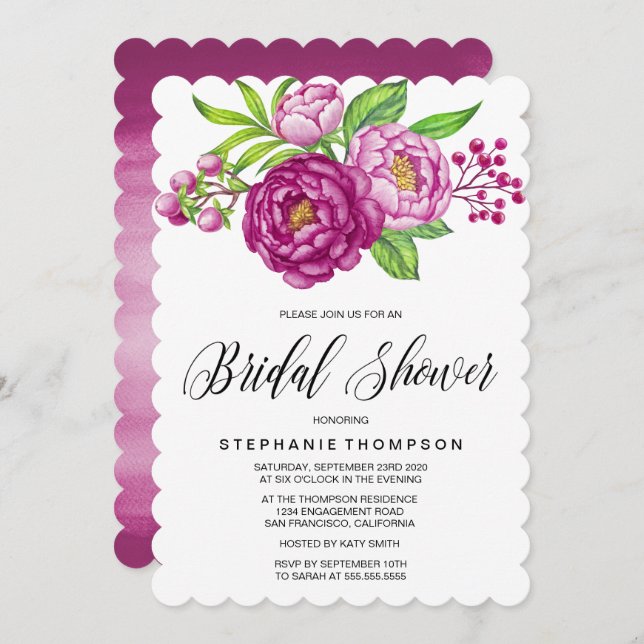 Invitación Borgoña acuarela Peonies Bridal Shower (Anverso / Reverso)