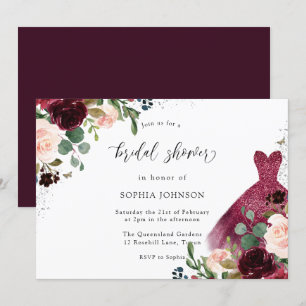 Invitación Borgoña acuarela Vestido floral ducha de novia