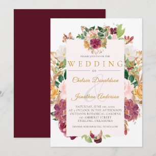 Invitación Borgoña, azafrán, armazón floral color agua rosada