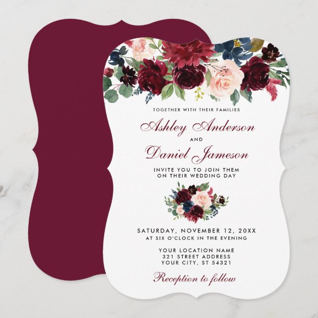 Invitación Borgoña Azul acuarela Floral Elegante Boda (Anverso / Reverso)