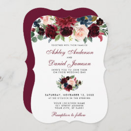 Invitación Borgoña Azul acuarela Floral Elegante Boda