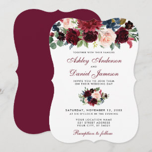 Invitación Borgoña Azul acuarela Floral Elegante Boda