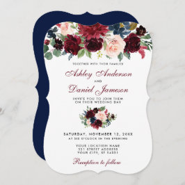 Invitación Borgoña Azul acuarela Floral Elegante Boda B