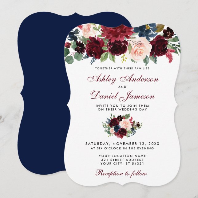 Invitación Borgoña Azul acuarela Floral Elegante Boda B (Anverso / Reverso)