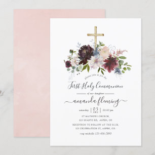 Invitación Borgoña, Azul Marino y Floral de Communion