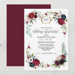 Invitación Borgoña   Azul  Marsala Boda de acuarela floral