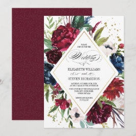 Invitación Borgoña | Azul |Marsala Boda de acuarela floral