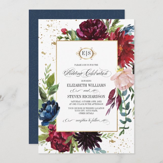 Invitación Borgoña | Azul |Marsala Boda de acuarela floral (Anverso / Reverso)