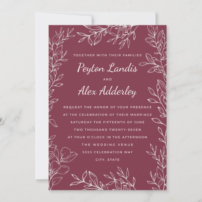 Invitación Borgoña Berry Botanical Line Art Boda (Anverso)