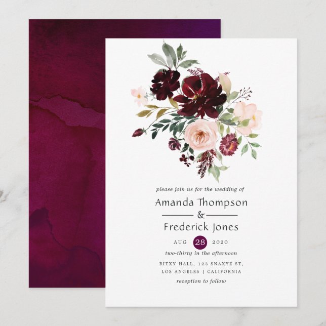 Invitación Borgoña Berry y Boda floral Rubor (Anverso / Reverso)
