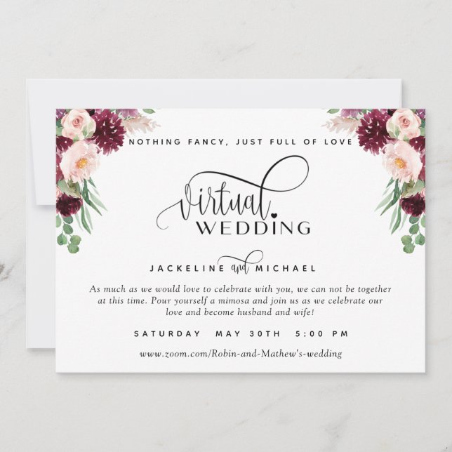 Invitación Borgoña Berry y Boda virtual de floral de Rubor (Anverso)