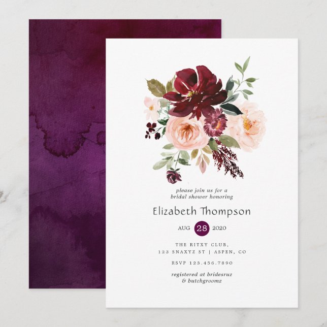 Invitación Borgoña Berry y ducha de novia floral Rubor (Anverso / Reverso)