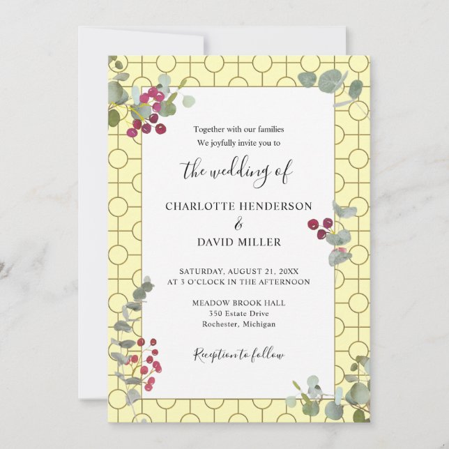 Invitación Borgoña Berry y Eucalyptus Greenery Boda (Anverso)