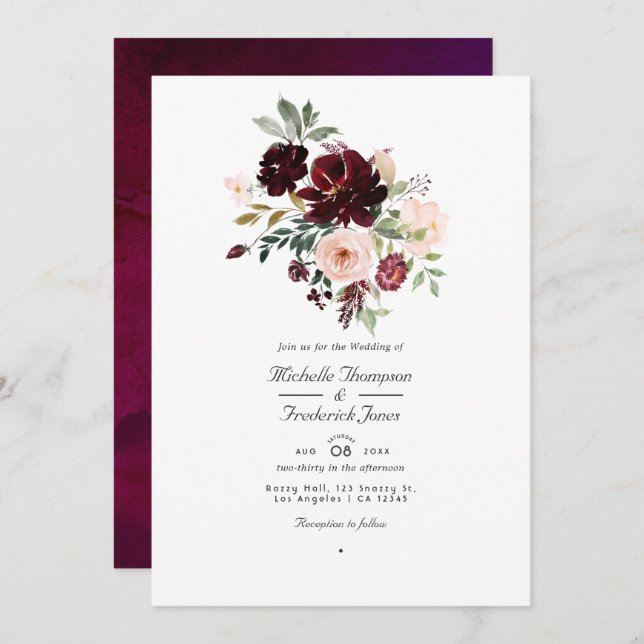 Invitación Borgoña Berry y Rubor Floral Código QR Boda RSVP (Anverso / Reverso)