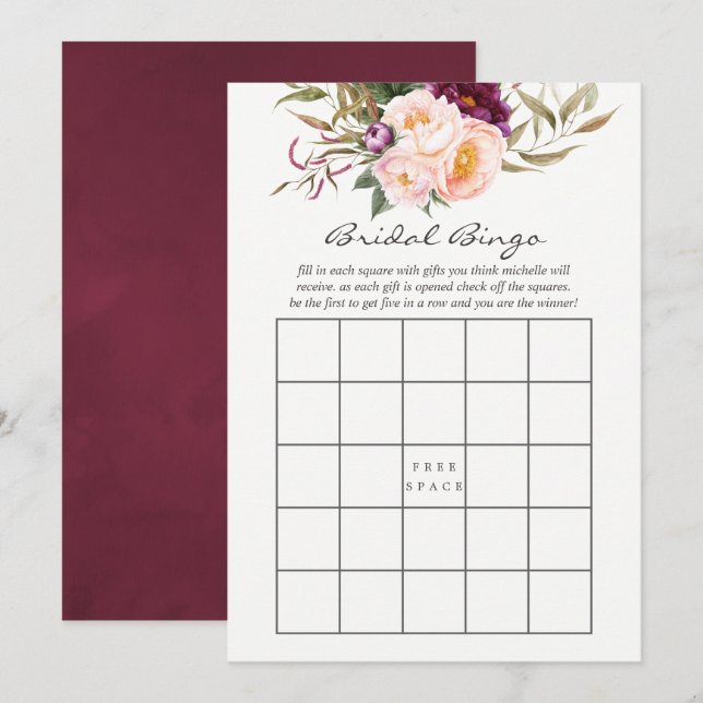 Invitación Borgoña - Bingo Floral Nupcial de Marsala y Meloco (Anverso / Reverso)