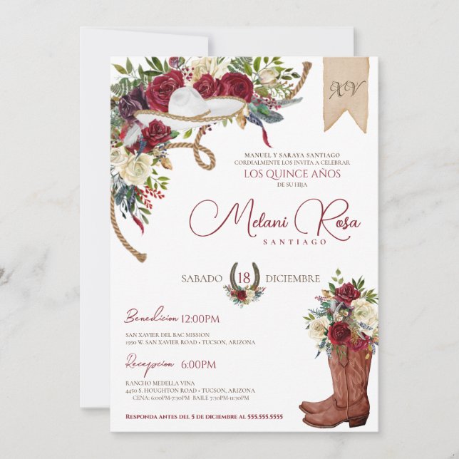 Invitación Borgoña Blanco Elegante Carro Español Quinceañera (Anverso)