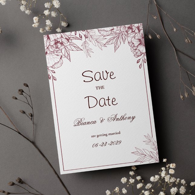 Invitación Borgoña blanco simple floral Salvar la fecha (Burgundy pink white simple floral Save the Date )
