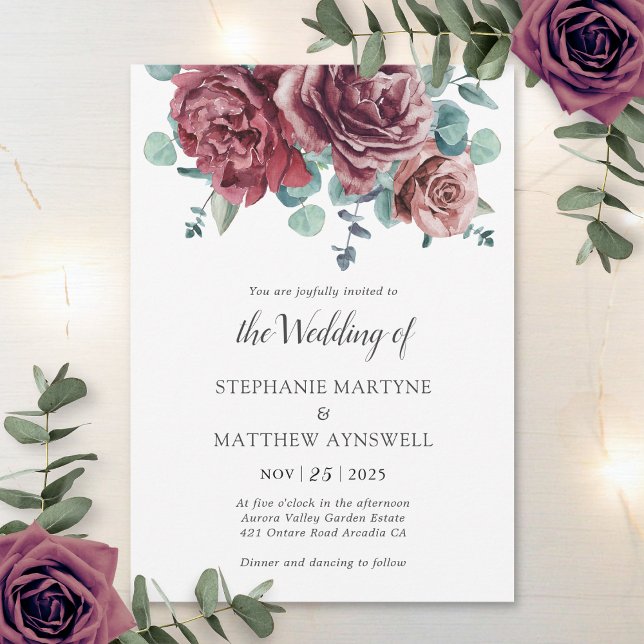 Invitación Borgoña Blooms Eucalyptus Boda Botánico (Subido por el creador)