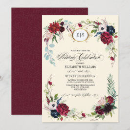 Invitación Borgoña | Boda de acuarela floral azul de la Marin