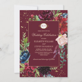 Invitación Borgoña | Boda de acuarela floral azul de la Marin