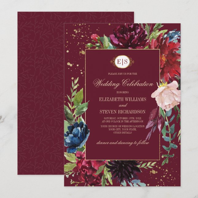 Invitación Borgoña | Boda de acuarela floral azul de la Marin (Anverso / Reverso)