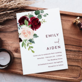 Invitación Borgoña Boda de Vino Rojo y Rubor Floral