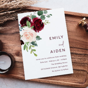 Invitación Borgoña Boda de Vino Rojo y Rubor Floral