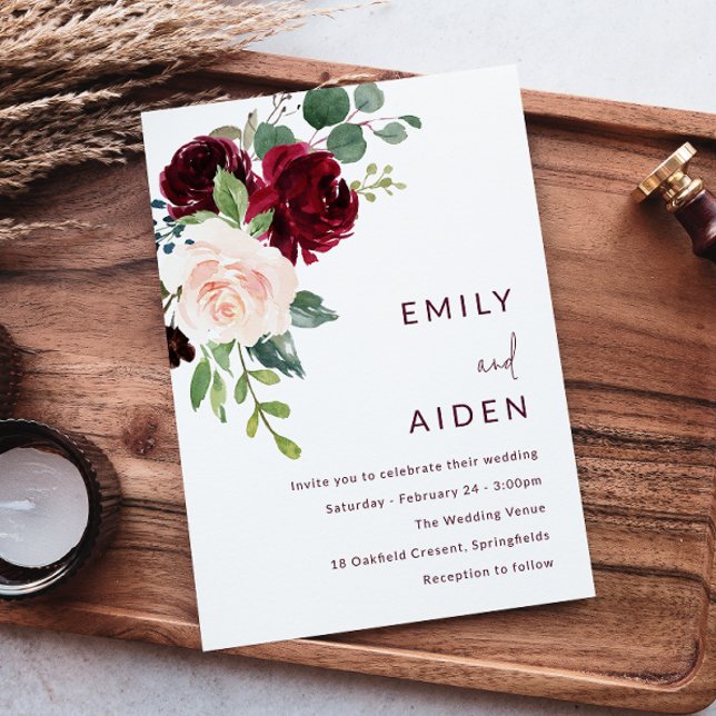 Invitación Borgoña Boda de Vino Rojo y Rubor Floral (Subido por el creador)