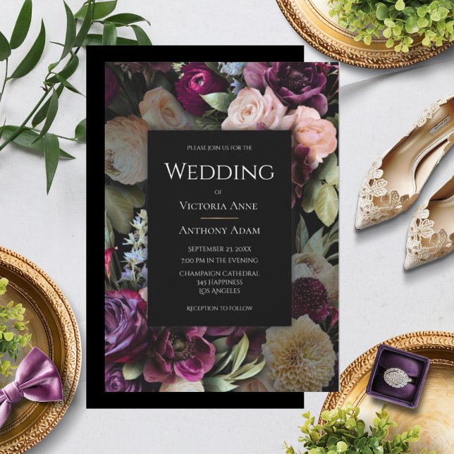 Invitación Borgoña Boda floral elegante rosa y negro (Subido por el creador)