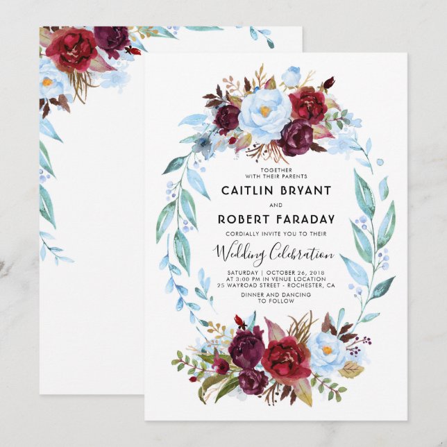 Invitación Borgoña Boda floral rojo y azul turbio (Anverso / Reverso)