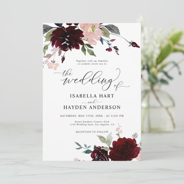 Invitación Borgoña Boda floral rosa de Bordo Rojo de Rubor (Anverso de pie)