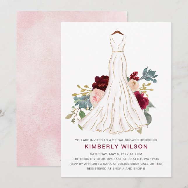 Invitación Borgoña Boda floral vestido ducha novia (Anverso / Reverso)