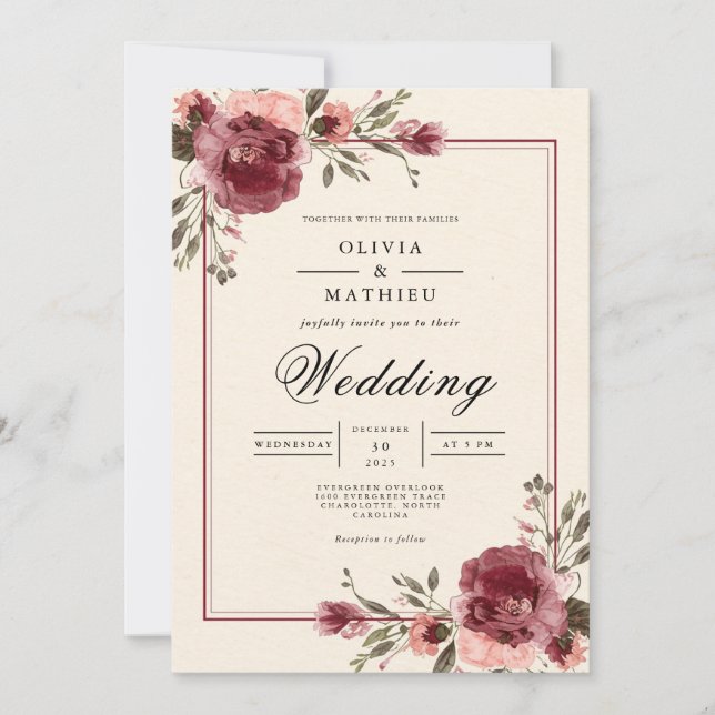 Invitación Borgoña Boda fronterizo (Anverso)