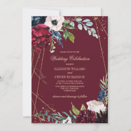 Invitación Borgoña | Boda Geométrico Floral Azul de la Marina