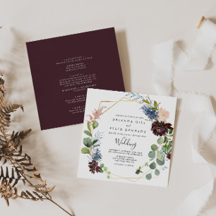 Invitación Borgoña Boda geométrico frontal y posterior de oro