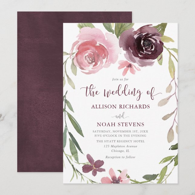 Invitación Borgoña boda rústico florido color agua (Anverso / Reverso)