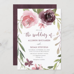 Invitación Borgoña boda rústico florido color agua