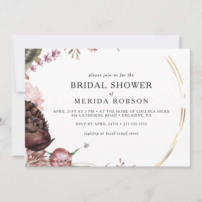 Invitación Borgoña Boho Floral Horizontal Brillante (Anverso)