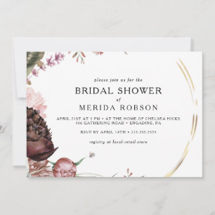 Invitación Borgoña Boho Floral Horizontal Brillante