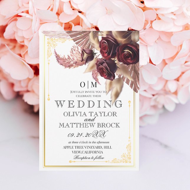 Invitación Borgoña Boho Floral rosas rojas pampas Boda (Subido por el creador)