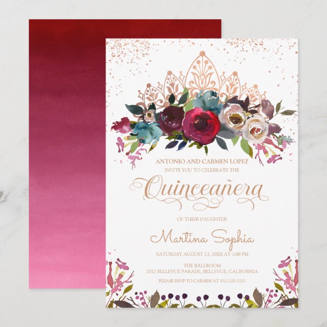 Invitación Borgoña Boho Floral y Gold Tiara Quinceanera (Anverso / Reverso)