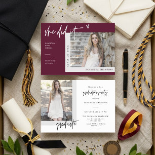 Invitación Borgona Boho Moderno Ella lo Hizo Grad Foto Invita