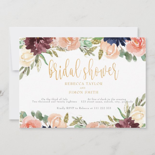 Invitación Borgoña Bridal Shower Floral Paisaje (Anverso)