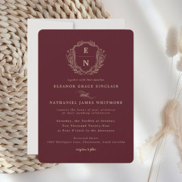 Invitación Borgoña Champagne Escudo de oro Boda en monograma