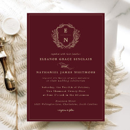 Invitación Borgoña Champagne Escudo de oro Boda en monograma