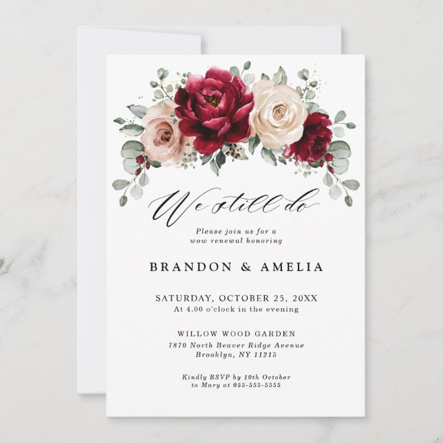 Invitación Borgoña Champagne Marfil Mauve Floral (Anverso)