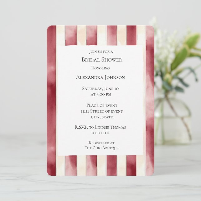 Invitación Borgoña Cream Stripes Bridal Shower (Anverso de pie)