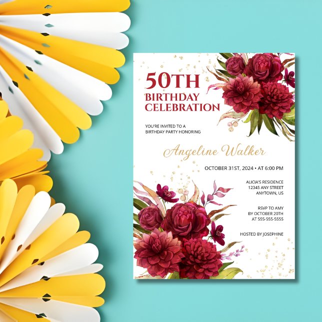 Invitación Borgoña Dahlia Rosa Purpurina Floral Gold Cumpleañ (Subido por el creador)