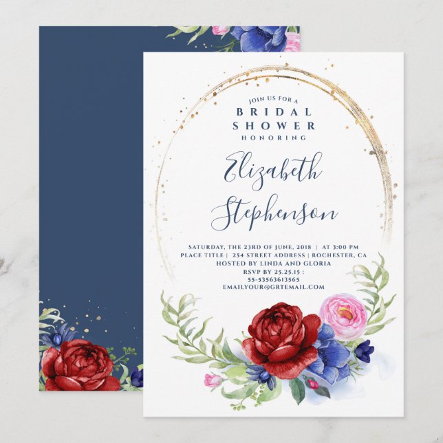 Invitación Borgoña de la marina y ducha de novias de Rubor Fl (Anverso / Reverso)